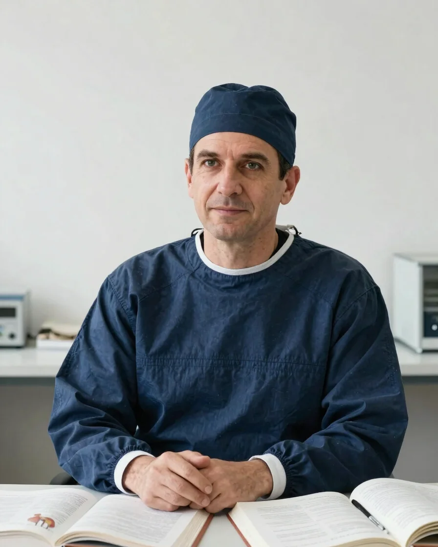 Editorial portrait of a surgeon-educator in a calm, uncluttered s